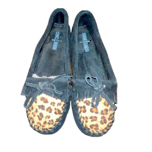 Minnetonka Moccasin Black Cheetah Leopard Print Dyed Calf Hair Moccasins Size 8